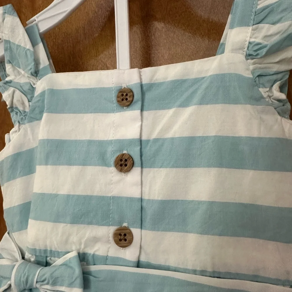 Baby Girl 2 piece blue and white stripped ruffle tank dress with bloomers